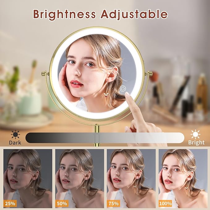 MILPROX 8 Inch Makeup Mirror with 10X Magnification & 3 Color Lights, Adjustable Brightness & Height, Rechargeable Double Sided 1X 10X Magnifying Mirror, Lighted Makeup Mirror Touch Sensor - Gold