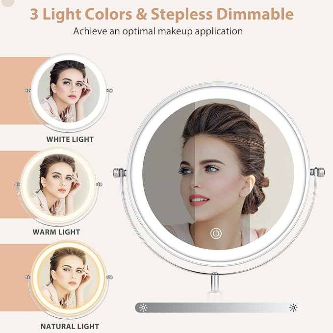 8" Lighted Makeup Mirror with Adjustable Height, 1X/10X Magnification, Rechargeable LED Vanity Mirror with 3 Color Modes, 360° Rotating Touch Screen, Magnifying Tabletop Cosmetic Mirror