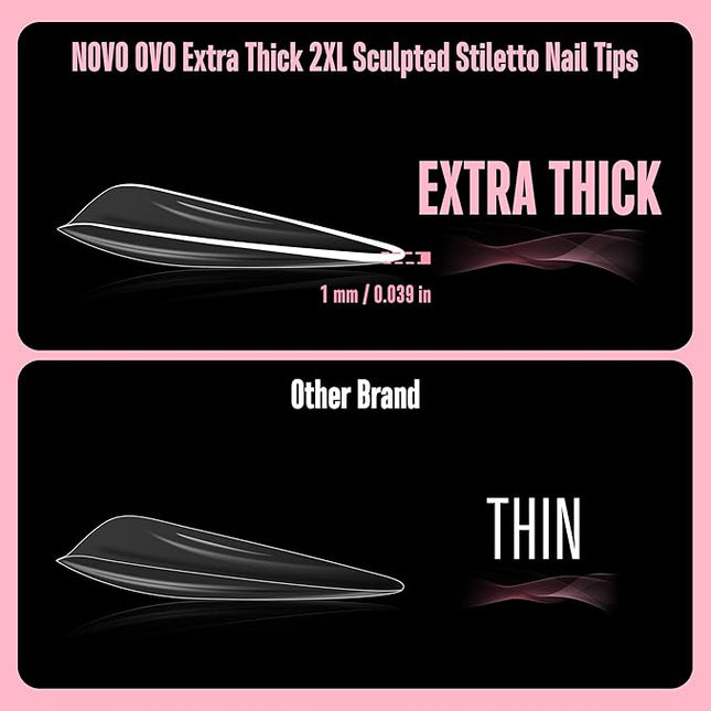 NOVO OVO Halloween Sculpted XXL Stiletto Almond Nail Tip for Curved Nail Beds, Extra Thick Long False Nails Press on, Full Cover Soft Gel Extension Fake Nail for Acrylic kit, Clear X 15 Sizes 300pcs