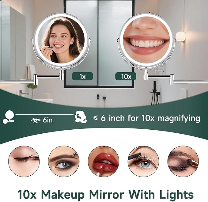 1X/10X Wall Mounted Lighted Makeup Mirror - 8" Dual-Sided Vanity Mirror with 3 Color Lights for Bathroom Bedroom Makeup Studio | 4000 mAh-USB Rechargeable | Touch Dimmable | Extended Arm 360° Rotation