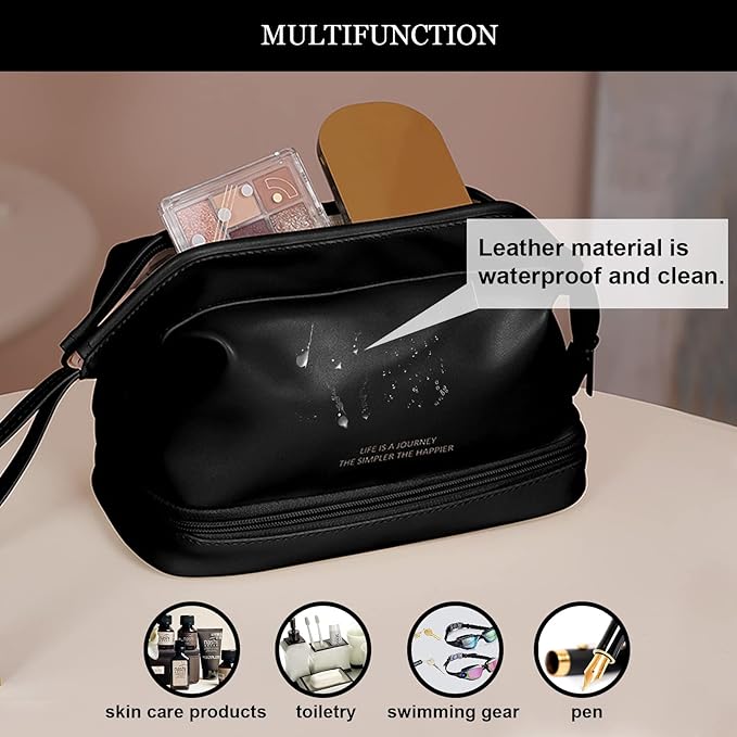 Abiudeng Large Capacity Makeup Bag Ladies Cosmetic Bag Travel Bag with Compartments Portable PU Leather Travel Makeup Bag with Handle