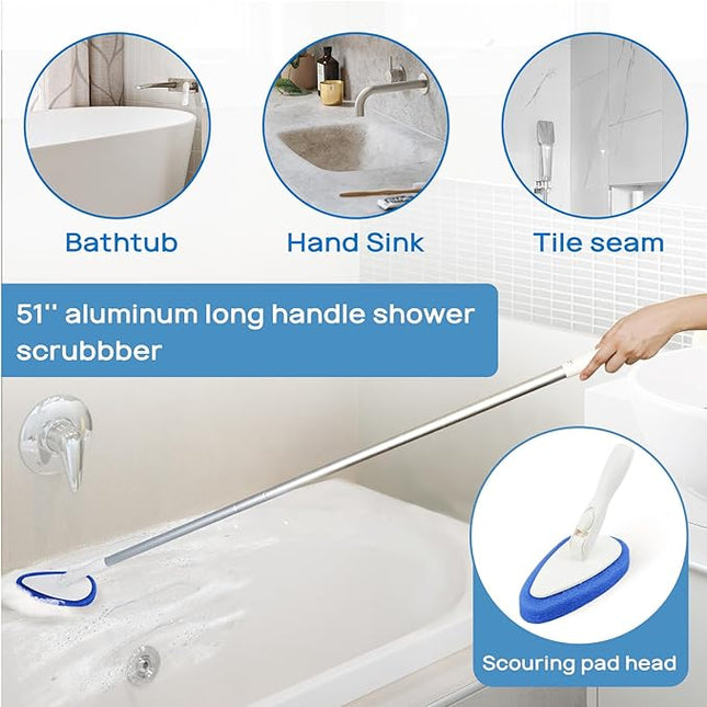 Qaestfy Shower Scrubber Cleaning Brush Combo Bath Tub Tile Cleaner Scrubber Brush with 51'' Adjustable Long Handle Scrub Brush for Bathroom Shower Bathtub Wall Mop Cleaning Scrubbing