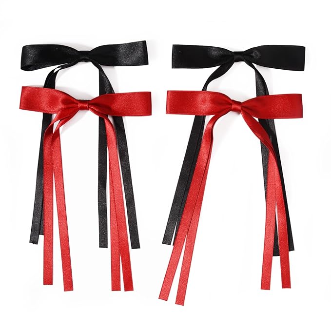 4 PCS Tassel Ribbon Bowknot Hair Clips With Long Tail for Women Girl Teens Kids, Solid Holder Fashion Bow Bowknot Hair Accessories Headwear Barrettes Claw(Black&Red)