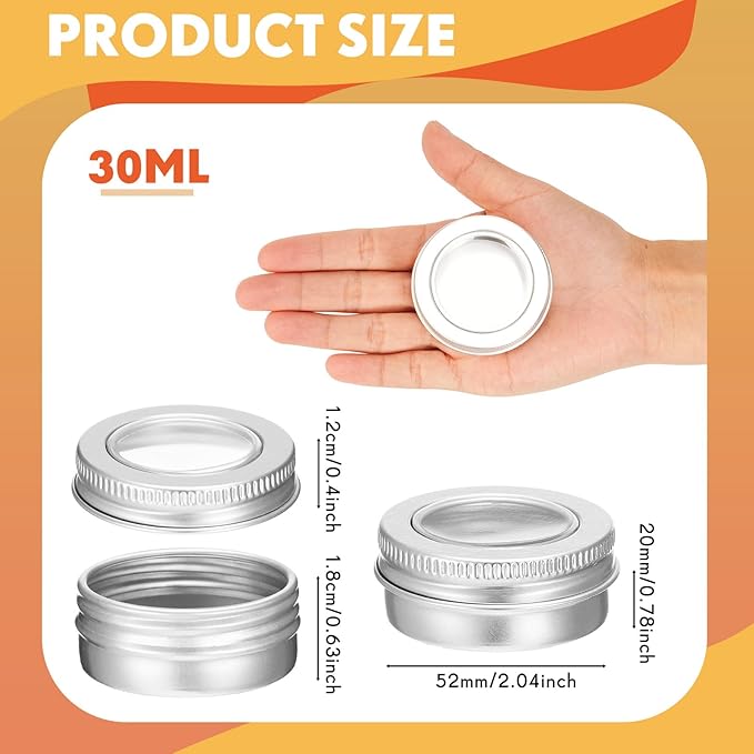 Zubebe 50 Pcs Aluminum Tin Jar Refillable Containers Clear Top Screw Lid Round Tin Container Bottle for Cosmetic, Cream, Diamond Painting, Salves, Balms, Lip Balm, Spices or Others, Silver (1 oz)