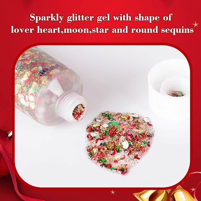 Christmas Makeup Face Glitter Gel,Green Red Body Glitter Gel Rave Accessories,Stocking Stuffers Kids Self-Adhesive Sequins Glitter,Sparkling Festival Party Gift for Women Girls,50ML
