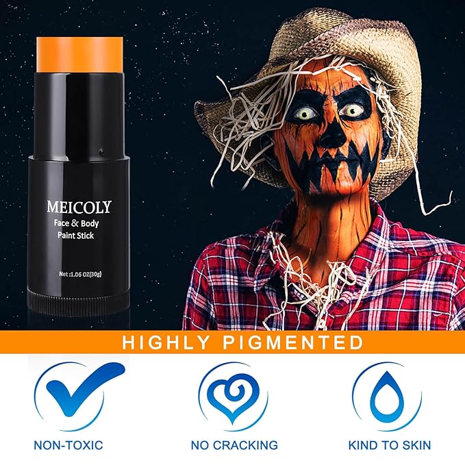 MEICOLY Orange Face Body Paint Stick(1.06 Oz),Cream Blendable Face Paint,Orange Eye Black Baseball/Softball,Sweatproof Waterproof Face Painting for Halloween Pumpkin Special Effects SFX Cosplay Makeup