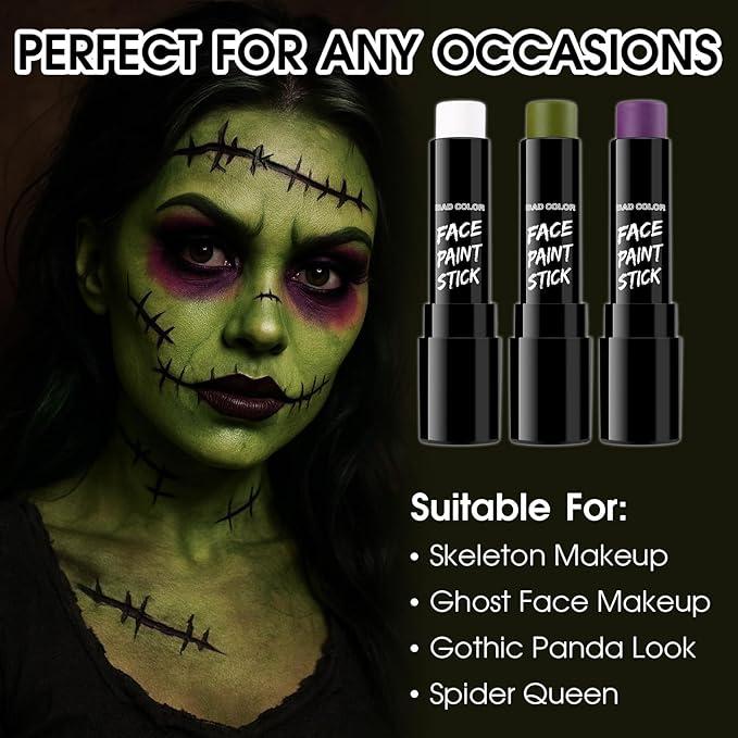 BAD COLOR 3PCS White Ogre Green Purple Face Body Paint Stick Makeup for Beetle-juice/ Frankenstein SFX Cosplay & Dress Up, Full-Coverage Halloween Facepaint Makeup Kit