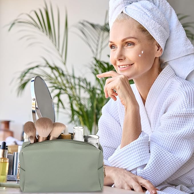 Sanwuta 9 Pcs Makeup Bags Bulk PU Double Zippers Cosmetic Bag Makeup Toiletry Pouch Portable Travel Organizers Case for Women Bachelorette Party End of The Year Bridesmaid Gift(Dark Green)