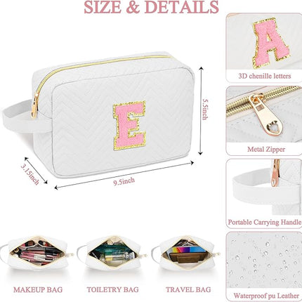 Personalized Initial Makeup Bag Trendy Stuff Leather Waterproof Cosmetic Bag Travel Toiletry Bag, Makeup Organizer Case Mother's Day/Birthday/Graduation Gifts for Women Girls Mom Girlfriend White.