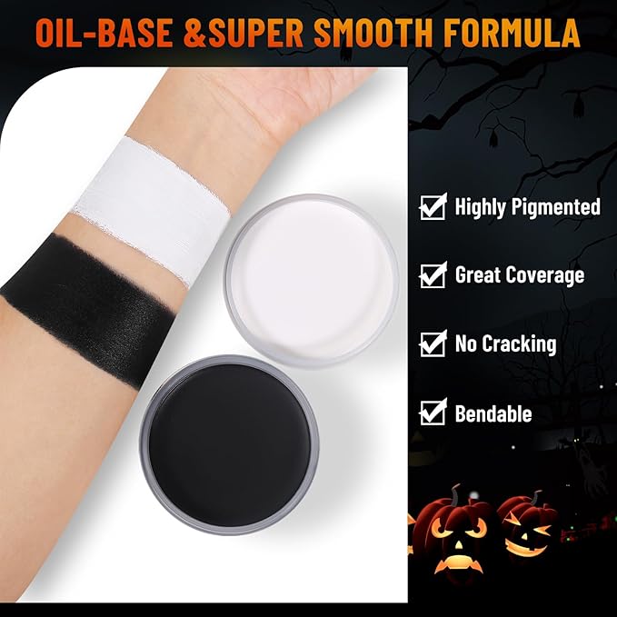 BOBISUKA Halloween Black and White Face Body Paint Oil Based Face Painting Kit for Adult Non Toxic Large Capacity Facepaint for Cosplay Clown Skeleton Vampire Special Effects Makeup