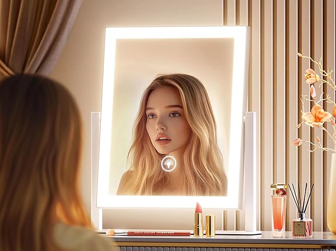 Lighted Makeup Mirror, 17.2"x13.6" Hollywood Vanity Mirror with Lights, Three Color Modes, Smart Touch Control, 360°Rotation,with 5X Magnifying Glass