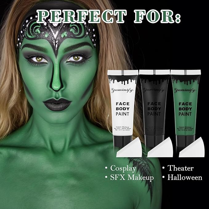 Black White Green Face Body Paint 1.01 oz/pc with 3 Sponges,Green Water Based Face Painting Cosplay Kit, Hunting Hulk Halloween SFX Witch Makeup Cream Face Paint,3 oz