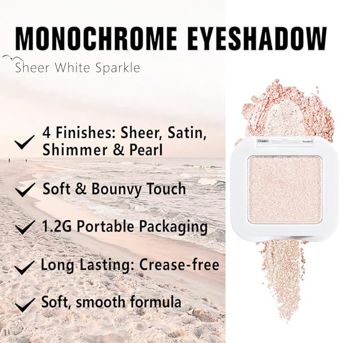 Kaely Pressed Single Eyeshadow Makeup, Sheer White Sparkle Highly Pigmented Monochrome Eye Shadow Palette, Waterproof Neutral Powder Mini Eyeshadow, sombras para ojos, Lightweight Blendable, 02