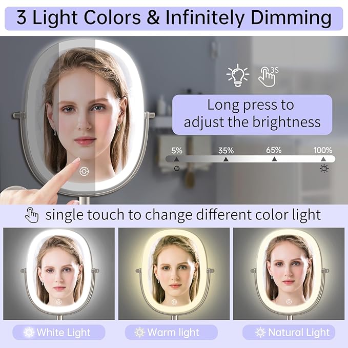 FUNTOUCH Rechargeable Wall Mounted Lighted Makeup Mirror, Oval Double-Sided Mirror 1X/10X Magnifying Wall Mounted,3 Color Lights Touch Screen Dimmable 360°Swivel 13 Inch Extendable