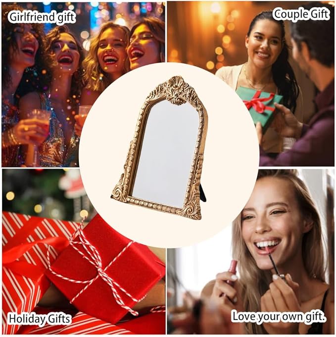 Small Gold Vintage Mirror, Antique Arched Tabletop Makeup Mirror, Hand-Carved Frame, 11" x 11.2" for Bedroom, Living Room, Vanity