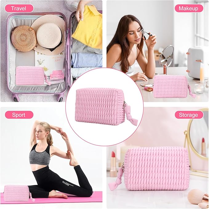 Quilted Makeup Bag Ruffle Cosmetic Bag, Travel Toiletry Bag for Women with Wrist Strap, Cute Makeup Bag Organizer, Portable Aesthetic Make up Organizer Bag for daily work Gift Giving (PINK)