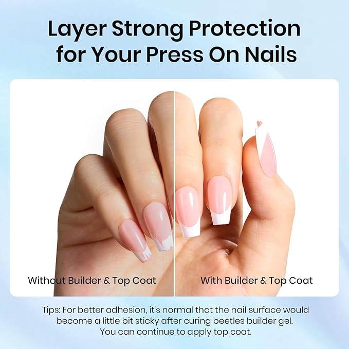 Beetles Builder Gel and Extra Glossy Top Coat No Wipe for Fall Nails with Nail Brush, 15ml Low Heat Hypoallergenic Clear 7 in 1 Builder High Shine Long Lasting Top Coat Gel Nail Polish