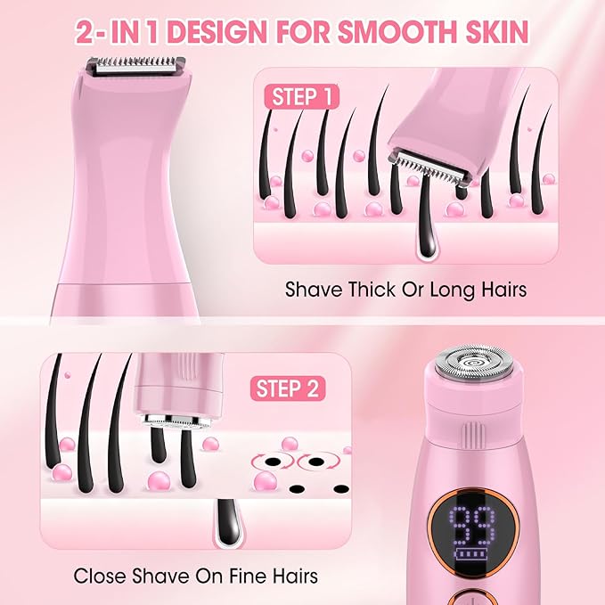 5 in 1 Bikini Trimmer for Women,IPX7 Waterproof Cordless Replaceable Pubic,Eyebrow,Facial Electric Razors&Nose Hair Trimmer&Painless Body Shaver for Arms Legs Underarms,USB Charge,LED Display,Wet&Dry