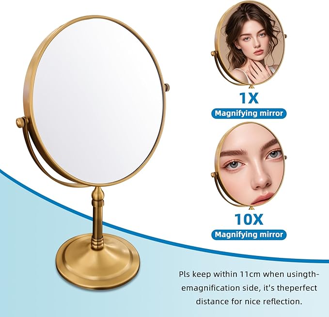 Antique Brass Makeup Mirror 1X/10X Free Standing 8 Inches 360 Swivel Dual-Sided Tabletop Makeup Mirror, Metal