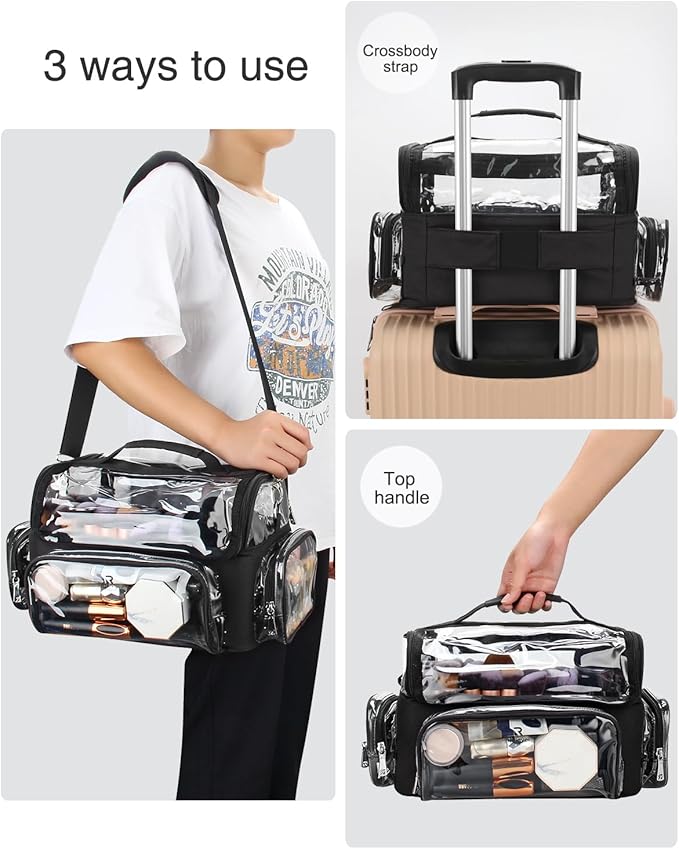 Makeup Brush Case, Clear Extra Large Cosmetic Organizer Holder Professional Makeup Artist Train Case with Adjustable Dividers&Strap Portable Makeup Brush Holder (02A-Black（XX Large）)