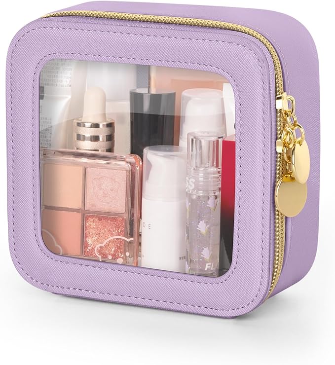 Mini Makeup Bag, Small Makeup Bag for Purse, Waterproof Clear Makeup bag, Leather Cosmetic Bag, Square Make Up Bag Pouch, Toiletry Bag for Travel, Car and Women, Purple