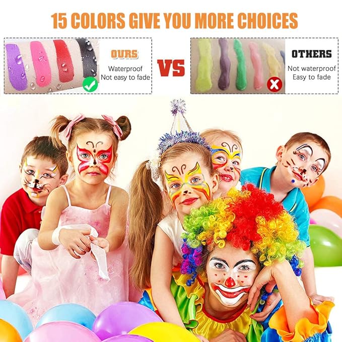 Face Painting Kit for Kids Adults, Water Activated Body Face Paint, 15 Colors Water Based Facepaints Makeup Palette 12 Pcs Brushes, Stencils, Non Toxic for Halloween Party Birthday Cosplay
