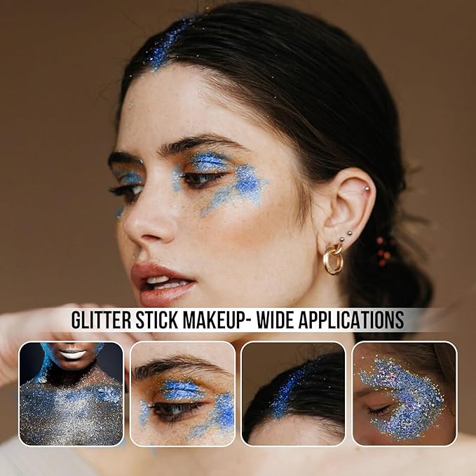 Brzeaf Waterproof Blue Glitter Stick, Halloween Festival Rave Accessories, Safe Ingredients & Long Lasting, Hair Eyeshadow Face Glitter Stick, Singer Concert Music Rave Festival, Glitter Makeup