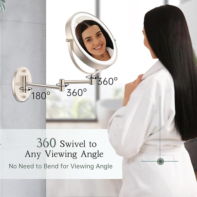 Rechargeable Wall Mounted Makeup Vanity Mirror with Lights,FUNTOUCH 8Inch Double Sided 1X 10X Magnifying Wall Mount Mirror,3 Color Lighting, Touch Screen Dimming,Extension Arm 360 Rotation Wall Mirror