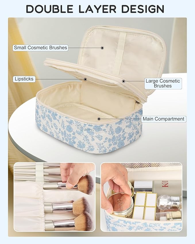 Relavel Travel Makeup Bag, Small Floral Cosmetic Bag with Makeup Brush Compartment, Portable Makeup Pouch for Women, Double Layer Makeup Organizer Bag Cute Toiletry Bag