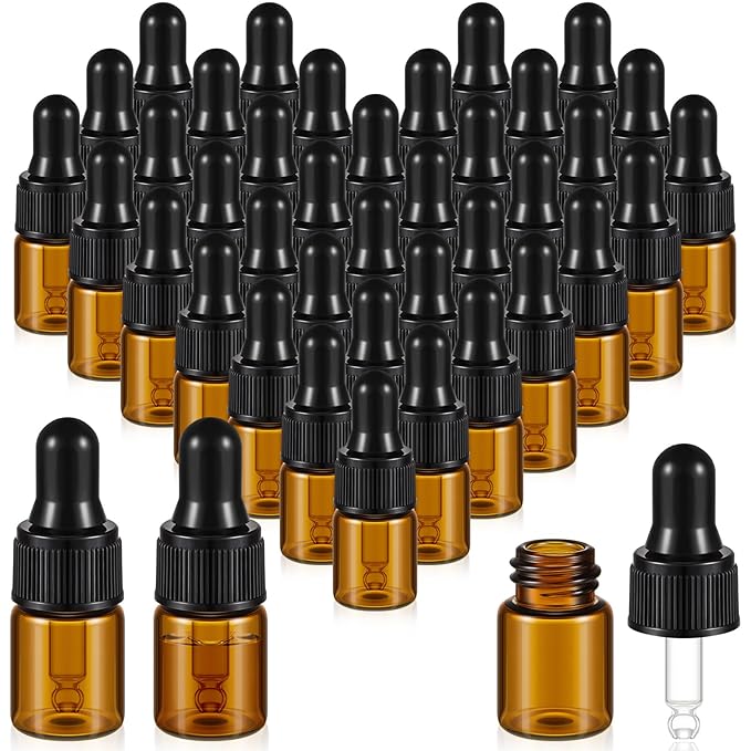 200 Pcs Mini Glass Oil Dropper Bottle Bulk, Clear Essential Small Empty Bottles Sample Containers Perfume Liquid Vials with Cap for Traveling (2 ml,Amber)