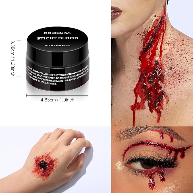BOBISUKA 6 Piece Halloween SFX Special Effects Makeup Kit - Fake Blood Gel + Clear Liquid Latex + Black Tooth Paint + Modeling Scar Wax with Spatula Tool and Black Stipple Sponge All in One