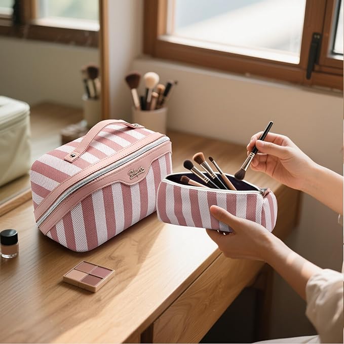 BOYATU Travel Makeup Bag for Women: Large Cosmetic Bag Set of 3 - PU Leather Make up Bag with Compartments - Compact Waterproof Toiletry Bag with Divider & Handle (A-01Pink)