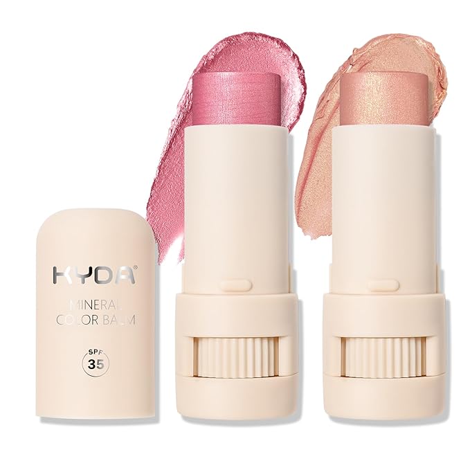 KYDA 2 Colors Mineral Color Balm, SPF 35, Buildable Shimmer Color for Lip and Cheek, Natural Shimmer Cream Blush Stick, Lightweight Blendable, Multiuse Makeup Balm, PINK+SHY