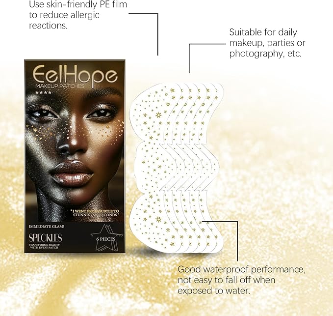 12 Count Makeup Patches,Gold-Face Glitter Speckles Patches,Glitter Freckles Face Tattoo, Sparkle Makeup Patches,Glow Up Makeup Patches for Women - Cosmetic Glitter for Face