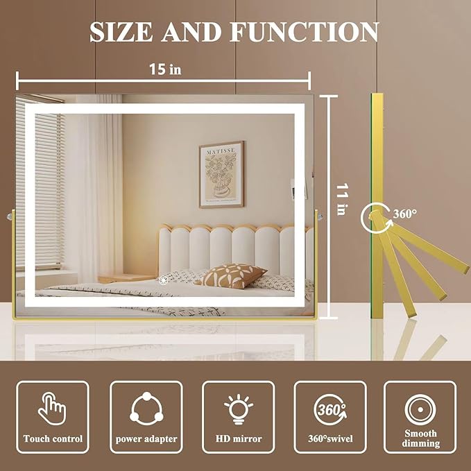 Vanity Mirror with Lights, 15"× 11" LED Makeup Mirror, Lighted Makeup Mirror with Lights, Smart Touch Control Dimmable 3 Modes Light 360°Rotation Gold