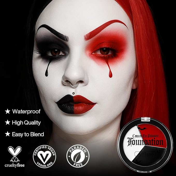 Goth White Black Red Face Paint Makeup Foundation, Clown Halloween White Face Body Paint Makeup Semi-Matte, Non Toxic FX Eye Black Red Body Painting Zombie Vampire Costume Party Cosplay Greasepaint