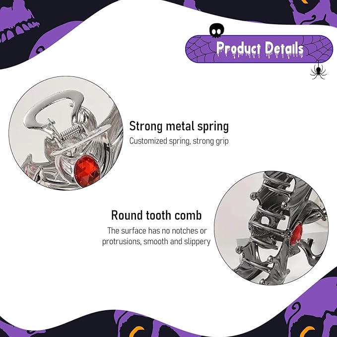 2 Pcs Halloween Hair Clips for Women, Horror Bat Hair Claw Clips, Black & Silver Metal Claw Clips with Bat Wings Design, Cosplay Party Hair Claw, Halloween Hair Accessories for Thick and Thin Hair