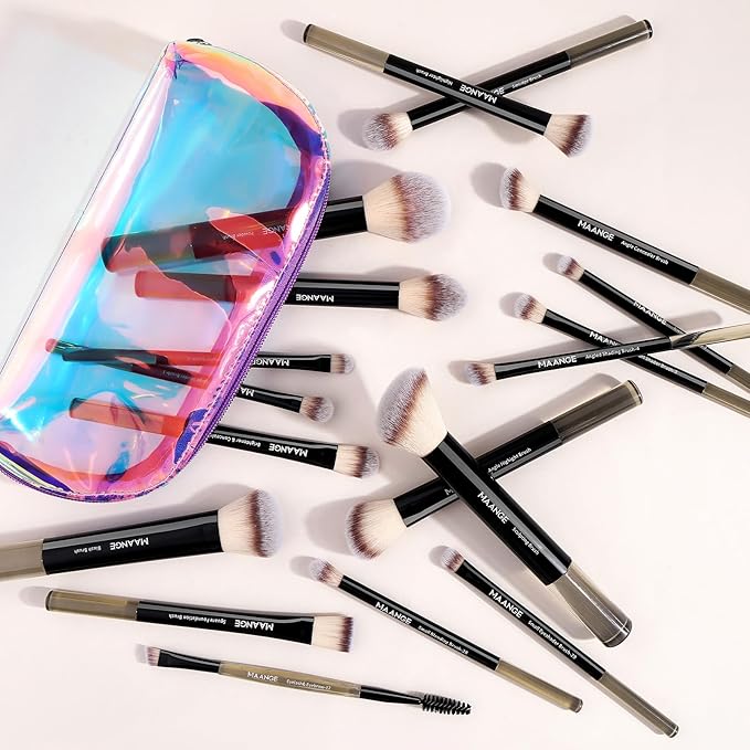 MAANGE 18 Pcs Makeup Brushes with Laser Bag, Premium Synthetic Makeup Brush Set Professional Makeup Tools Eyeshadow Eyebrow Foundation Blush Concealer Face Powder Blending Brushes Kit-Black