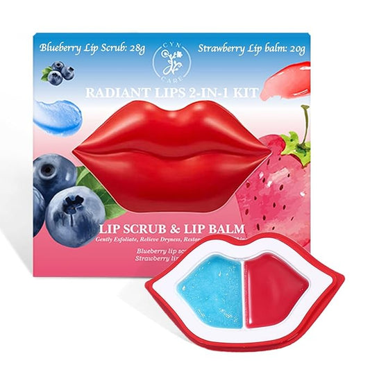 2 in 1 Lip Care Kit with Blueberry Lip Scrubber Exfoliator 28g and Strawberry moisturizing lips balm 20g – lip lightening for dark lips, Dry, Chapped, Cracked Lips (48g)