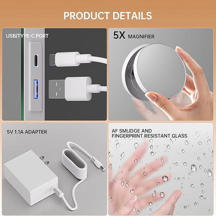 Hasipu Hollywood Vanity Mirror with Lights, 47" x 35" Makeup Mirror with 24 Dimmable LED Bulbs 3 Color Modes & Detachable, 5X Magnifying Glass, Touch Control, USB and Type-C, Tempered Glass