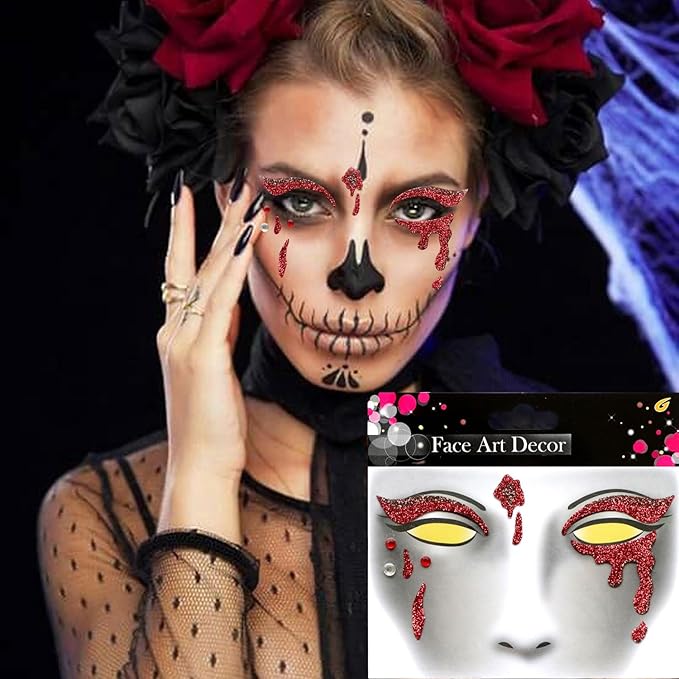 3 Pcs Halloween Face Gems Jewels,Day of the Dead Scar and Blood Stains Rhinestone Face Tattoo Stickers Glitter Rhinestone Face Jewels for Halloween Rave Party Cosplay