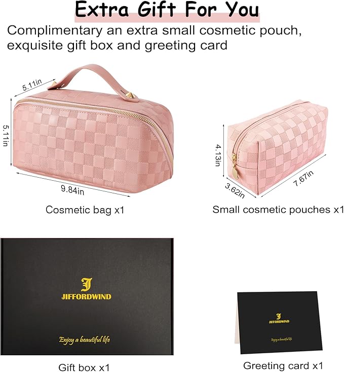 Checkered Travel Makeup Bags Cosmetic Organizer Bag: 2-Set Large Capacity Waterproof Makeup Bag - PU Leather Toiletry Bag for Women - Wide Open Portable Pouch with Handle and Divider (PINK)