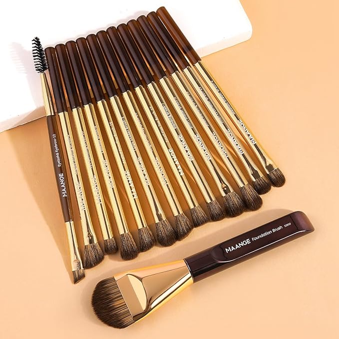 MAANGE 14-Piece Makeup Brush Set with Aluminum Ferrule- Premium Synthetic Makeup Brushes Kit Foundation Brush Eye Shadow for Beginners & Professionals(Gold Coffe)