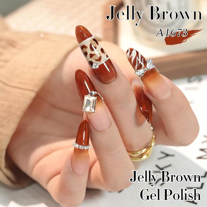 Double Rhythm 0.5 Oz Jelly Gel Polish Same Color Same Bottle Sheer Neutral Natural Light Milky Pastel 15ML Translucent Polish Art DIY at Home (Dark Brown-A1673)