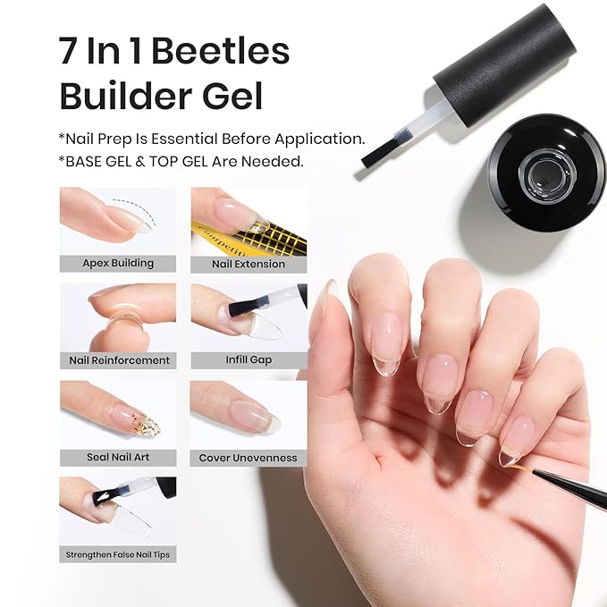 Beetles Builder Gel for Nails 7-in-1 Clear Builder Nail Gel Kit for Nail Extension Strengthening with Decoration Detachable Liner Nail Brush for Beginner Women