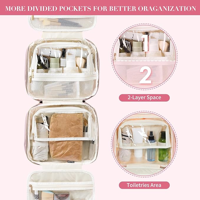 Travel Toiletry Makeup Bag for Women Hanging Toiletry Bag Cosmetic Organizer Make up Bags for Women Travel Essentials (Pinkish Purple)