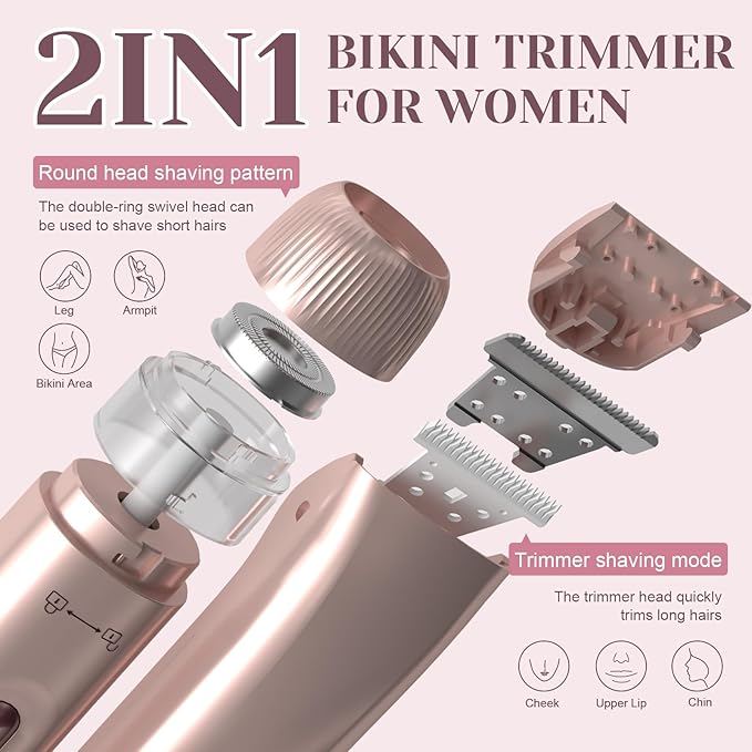 Bikini Trimmer for Women - 2025 New 2-in-1 Dual-Head Electric Shaver，Rechargeable Professional Painless Electric Razors, IPX7 Waterproof Body Hair Trimmer & Facial Hair Remover for Wet & Dry
