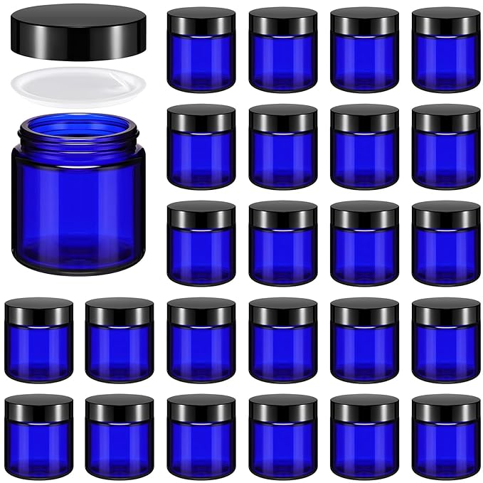 Norme 24 Pcs 4 oz Glass Jars with Lids Leakproof Round Airtight Empty Cosmetic Jars with Inner Liners Lid for Storing Lotions Powder Ointments Candle Making Tins (Blue,Black)