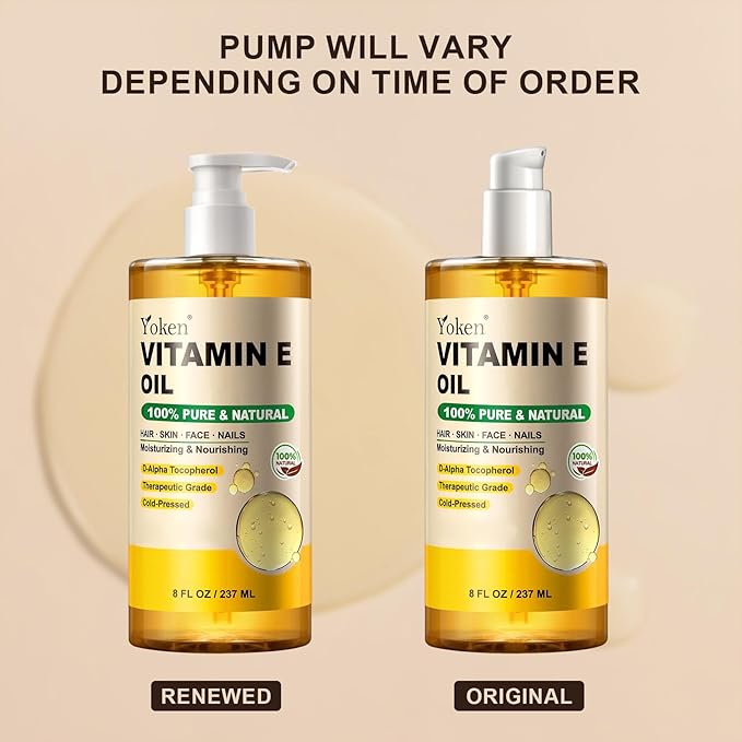 Yoken Vitamin E Oil 8 Fl Oz Organic Vitamin E oil for Skin Vitamine oils for Scars Hair,Face,Nail,Scalp Perfect Bath and Body Oil Cold Pressed Hexane Free Non-GMO Gluten Free Formula