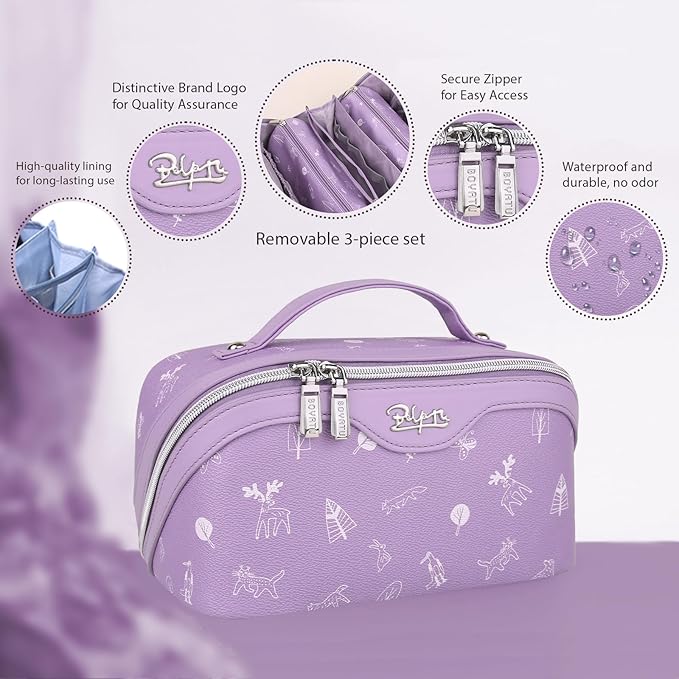 BOYATU Travel Makeup Bag Cosmetic Bags for Women: 3 Pcs Set Portable Make up Bag with Handle - Vegan Leather Toiletry Bags with Compartments - Makeup Organizer for Travel Essentials(04-Lilac)